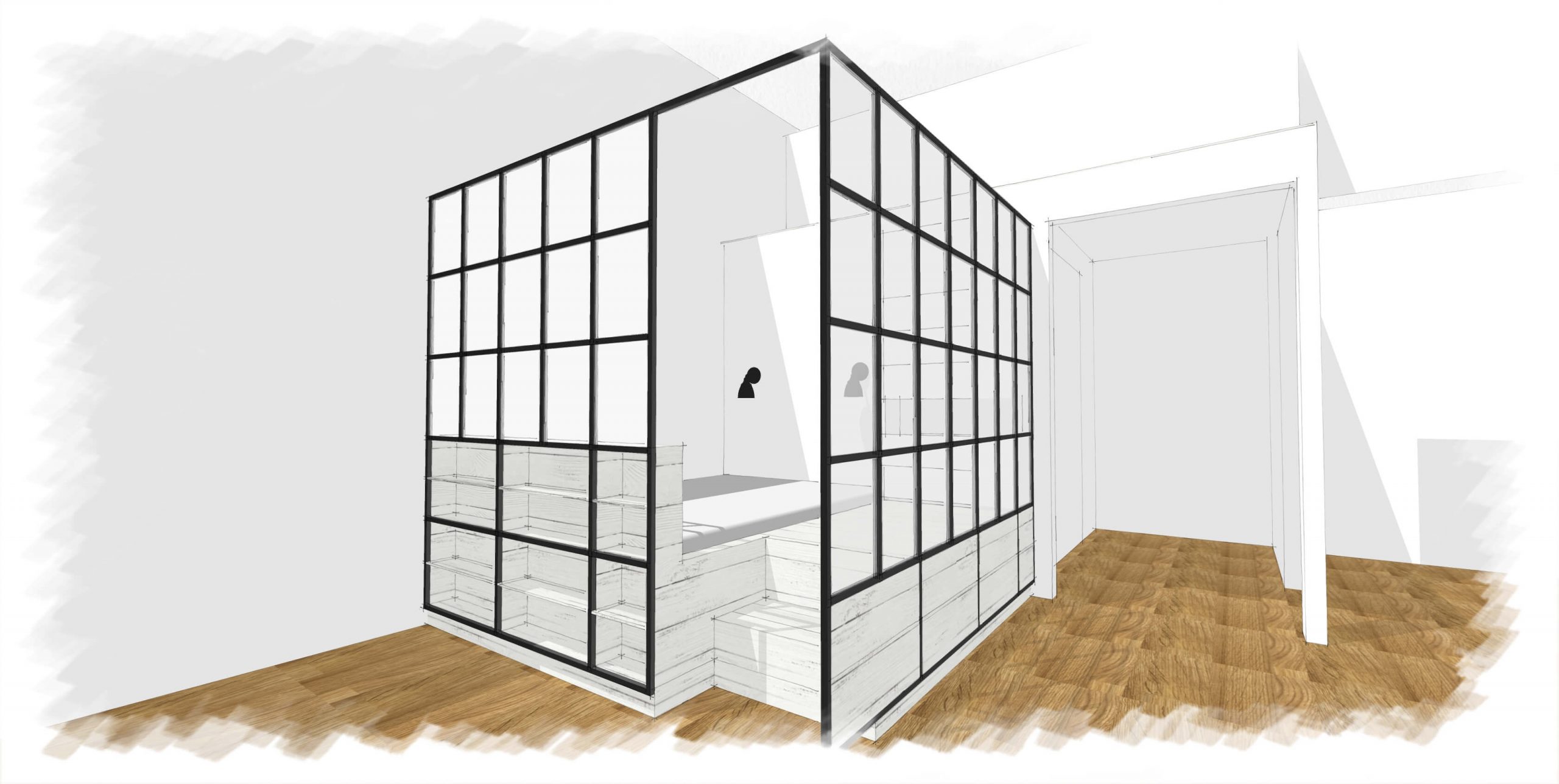 Torvits-Trench-LDN-Residential-Interior-Design-Open-Plan-Living-Bedroom-Storage-Bespoke-Joinery-Sketch-Visual